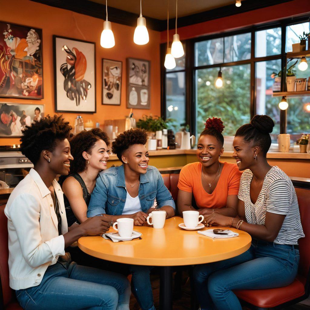 An imaginative scene depicting a diverse group of queer individuals mingling in a vibrant coffee shop, with warm lighting enhancing their joyful interactions. Include subtle cues of flirting, such as laughter and playful exchanges, while showcasing different styles, identities, and cultures. Provide a backdrop of colorful art and cozy furniture to invite intimacy and connection. add a soft glow around the characters to symbolize confidence and warmth. vector art. vibrant colors.