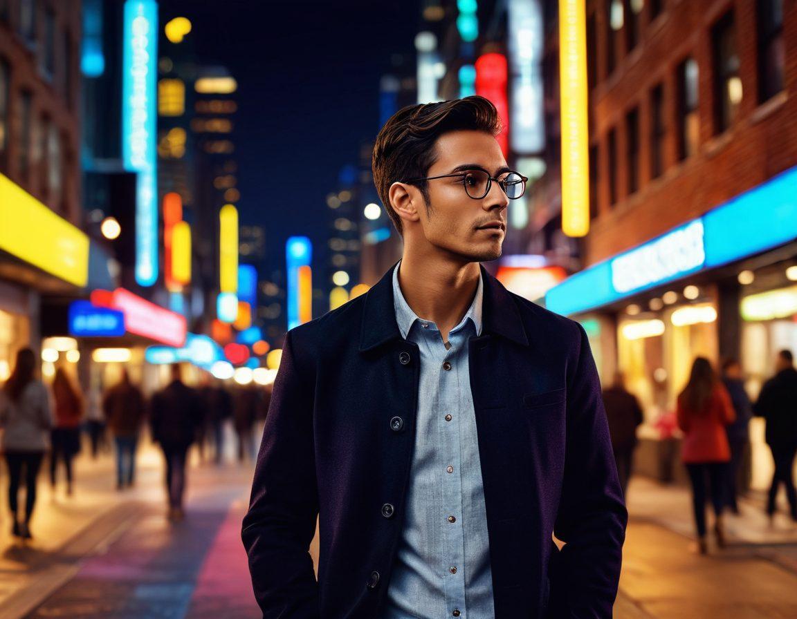 A captivating scene of a confident person standing in a bustling urban setting, radiating magnetic energy that draws the attention of passersby. The background should feature vibrant city lights and people stopping to admire the individual’s unique style and charisma. Highlight elements of warmth and allure in their expression, showcasing a diverse crowd around them, all looking intrigued. super-realistic. vibrant colors. urban environment.